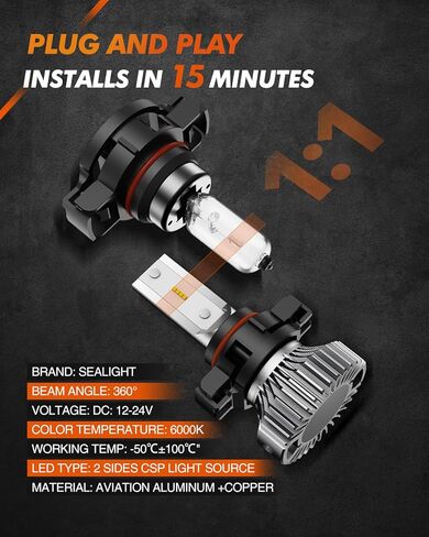 SEALIGHT H11 LED Fog Light Bulbs, 6000LM 6500K White H8 H9 H16 Fog Lights Bulb, Super Penetration 16 CSP Chips Led Light, Ultra-High Heat Dissipation Performance, Non-polarity, Pack of 2 in Saudi Arabia