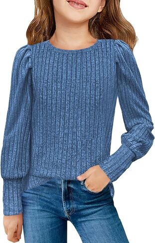 قمصان بأكمام طويلة منتفخة للفتيات من Haloumoning بلوزة للأطفال على الموضة منسوجة ومضلعة من عمر 5 إلى 14 سنة in Kuwait