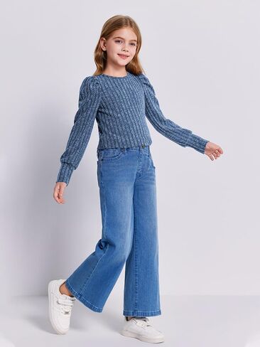 قمصان بأكمام طويلة منتفخة للفتيات من Haloumoning بلوزة للأطفال على الموضة منسوجة ومضلعة من عمر 5 إلى 14 سنة in Kuwait