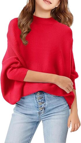 Girls Oversized Pullover Sweater Kids Fashion Batwing Long Sleeve Ribbed Knit Fall Tops in Kuwait