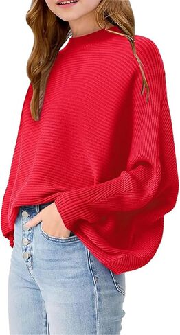 Girls Oversized Pullover Sweater Kids Fashion Batwing Long Sleeve Ribbed Knit Fall Tops in Kuwait