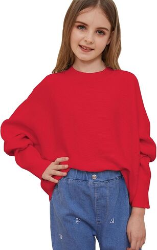 Girls Oversized Pullover Sweater Kids Fashion Batwing Long Sleeve Ribbed Knit Fall Tops in Kuwait