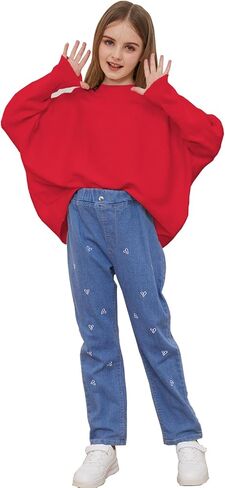 Girls Oversized Pullover Sweater Kids Fashion Batwing Long Sleeve Ribbed Knit Fall Tops in Kuwait