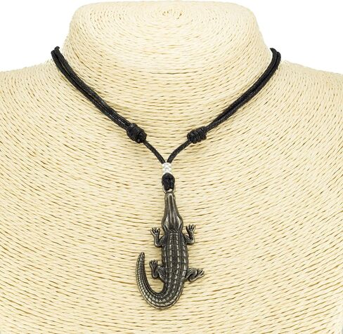 BlueRica Gator Head Pendant on Adjustable Black Rope Cord Necklace (Old Silver) in Kuwait