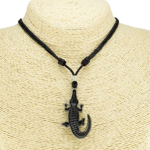 BlueRica Gator Head Pendant on Adjustable Black Rope Cord Necklace (Old Silver) in Kuwait