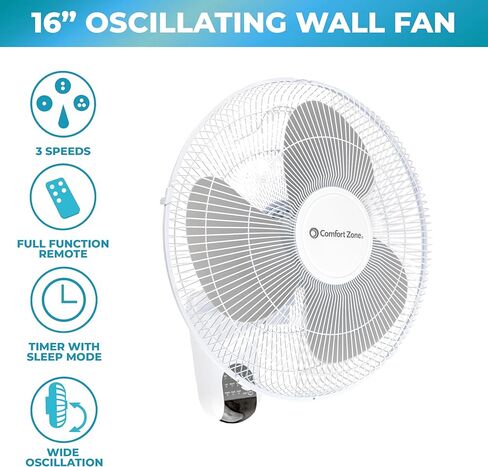 Comfort Zone Oscillating Wall Mount Fan with Remote Control, Timer, Auto Shut Off, Adjustable Tilt, Quiet, 16 inch, 3 Speed, Ideal for Home, Bedroom, Gym & Office, Airflow 14.07 ft/sec, CZ16WR in Kuwait