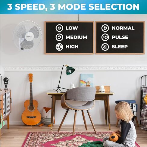 Comfort Zone Oscillating Wall Mount Fan with Remote Control, Timer, Auto Shut Off, Adjustable Tilt, Quiet, 16 inch, 3 Speed, Ideal for Home, Bedroom, Gym & Office, Airflow 14.07 ft/sec, CZ16WR in Kuwait