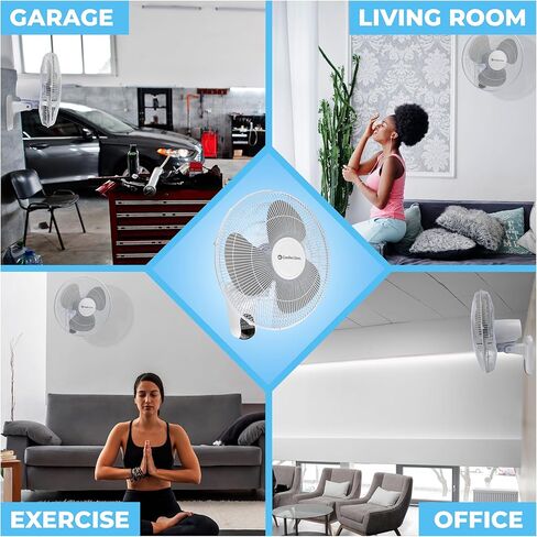 Comfort Zone Oscillating Wall Mount Fan with Remote Control, Timer, Auto Shut Off, Adjustable Tilt, Quiet, 16 inch, 3 Speed, Ideal for Home, Bedroom, Gym & Office, Airflow 14.07 ft/sec, CZ16WR in Kuwait