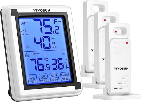 VIVOSUN Digital Thermometer and Hygrometer with 3 Remote Sensors, Indoor Outdoor Temperature and Humidity Monitor with Touchscreen LCD Backlight, 200ft/60m Range, Battery Included in Kuwait
