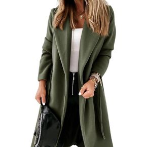 Tankaneo Womens Notched Lapel Collar Winter Coats Open Front Long Jackets Overcoat with Belted