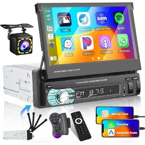 Hikity Apple Carplay Android Auto Single Din Car Stereo Radio, 7 Inch Flip Out Touch Screen Bluetooth Mirror Link Car Audio Receiver with Backup Camera FM SWC + Wireless Remote Control