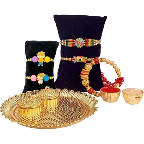 SATVIK 5 Pc Set of Designer Rakhi for Brother Bhaiya & Bhabhi Family Set with Lumba Loomba Rakhi for Bhai with Roli Chawal, Soun Sticker & Greeting Card Rakshabandhan Thread Rakhdi Gift Set