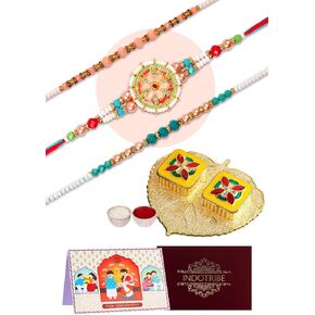 Rakhi For Brother with Gift Set - Set of 3, Rakhi For Brother with Thali,Card | Rakhi for Brother and Bhabhi | Rakhi Hamper For Brother | Bhaiya Bhabhi Rakhi | Raksha Bandhan Rakhi