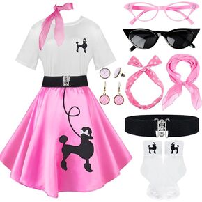 10Pcs Sock Hop Outfits Women, 1950s Poodle Skirts, Poodle T-Shirt with 50s Accessories Socks Scarf Headband Belt Earring