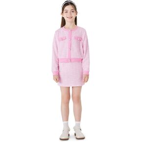 PATPAT Girls Skirt Set 2 Piece Outfits Elegant Plaid Long Sleeve Button Front Knit Lightweight Cadigan Top and Skirts