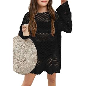 Girls Long Sleeve Swim Coverups Kids Fashion Crochet Beach Dress 5-14 Years