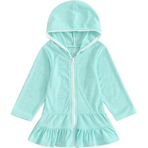 Kids Hooded Terry Swim Cover Up for Girl Swimsuit Summer Zip Ruffle Dress Long Sleeve Floral Towel Coverup Swimwear