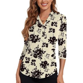Soneven Women's 3/4 Sleeve Golf Polo Shirts V Neck Ruffle Sleeve Dressy Tops Casual Work Tunic Blouses