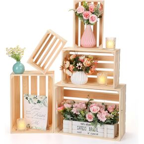 Soaoo 5 Pcs Decorative Nesting Wooden Crates for Storage Display 5 Size Large Small Rustic Wood Decorative Storage Crates with Handle Farmhouse Wood Crate Box Container Made from Pine (Wood Color)