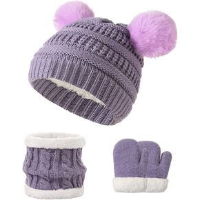 Kids Winter Pom Pom Hats Gloves Scarf Set for Girls Boys Toddler Knitted Fleece Lined 3Pcs Sets for 1-10 Years Old