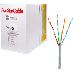 FiveStarCable Cat5e 1000 Ft 24 AWG CMR Riser Rated Solid Bare Copper Conductor UTP Ethernet PVC Cable - Blue Color