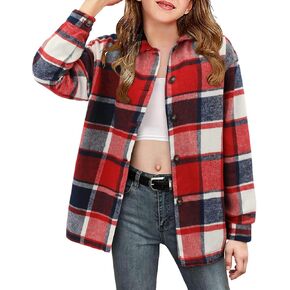 Girls Button Down Shirt Shacket Jacket Girls Flannel Shirts for Girls Western Shirts with Pocket Toddler Shirt Red Size 9-10 Years Girls