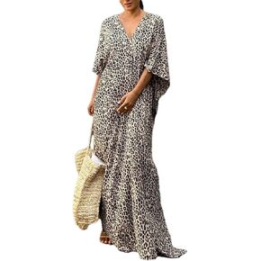 Bsubseach Leopard Print Beach Kaftan Dress for Women Short Sleeve Bathing Suit Cover Ups for Swimwear in Kuwait
