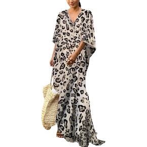 Bsubseach Leopard Print Beach Kaftan Dress for Women Short Sleeve Bathing Suit Cover Ups for Swimwear