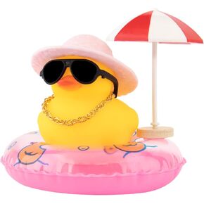 wonuu Rubber Duck Car Ornaments Duck Car Dashboard Decorations for Cute Car Accessories with Straw Hat Necklace Sun Umbrella and Sunglasses, Blue