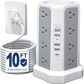 BERIGTTA Angled Flat Plug 16 AC Outlets Power Strip Tower with USB C Port(PD18W), Surge Protector Power Tower with 5 USB Charging Ports, 10FT Extension Cord Desktop Power Strip-White