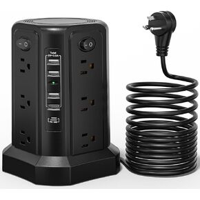 BERIGTTA Angled Flat Plug 16 AC Outlets Power Strip Tower with USB C Port(PD18W), Surge Protector Power Tower with 5 USB Charging Ports, 10FT Extension Cord Desktop Power Strip-White