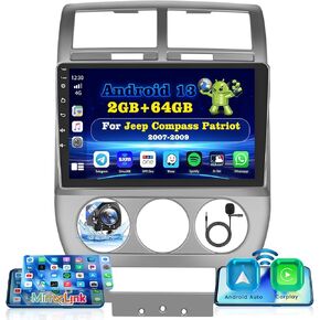 Roinvou 2+32G Android CarPlay Stereo لـ 2007-2010 Jeep Compass Patriot، شاشة لمس 10.1 بوصة داخل لوحة القيادة GPS مع نظام CarPlay لاسلكي مدمج Android Auto Support Mirror Link BT RDS AHD DSP