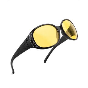 Night Vision Glasses for Women, Polarized Yellow Tint Anti Glare Glasses with Diamond Accents for Night Driving