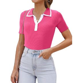 luvamia Blouses for Women Dressy Casual Knit Trendy Tops Summer Short Sleeve Color Block Button Up Collared Polo Shirt