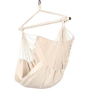 Highwild Hammock Chair Hanging Rope Swing - Max 500 Lbs - 2 Cushions Included - Steel Spreader Bar with Anti-Slip Rings - for Any Indoor or Outdoor Spaces (Beige)