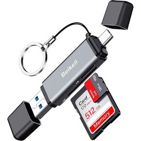 SD Card Reader,Beikell Dual Connector USB 3.0/USB C Memory Card Reader Adapter -Supports SD/Micro SD/SDXC/SDHC/MMC/RS-MMC/UHS-I,Compatible with MacBook Pro,MacBook Air,iPad Pro,Galaxy S21-Dark Purple