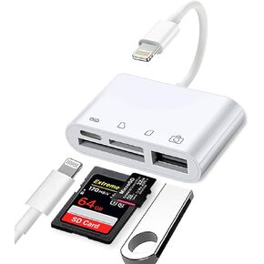 SD Card Reader Compatible for iPhone iPad, 4-in-1 SD TF Card Adapter USB 3.0 Female OTG Adapter with Charging Port, Trail Game Camera SD Card Reader