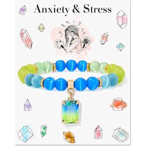 GolbalJew Healing Crystal Bracelet Natural Stone Stretch Bracelet with Colorful Crystal Pendant, Stress Relief Anxiety Protection Bracelets for Women