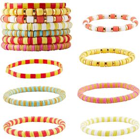Ornaland 7Pcs Handmade Polymer Clay Heishi Surfer Stretch Bracelets Set Colorful Glass Beads Bracelets Boho Stackable Preppy Bracelets Wrist Jewelry for Women