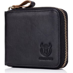 BULLCAPTAIN Leather Wallet for Men RFID Blocking Zipper Bifold Credit Card Wallets (Deep brown)