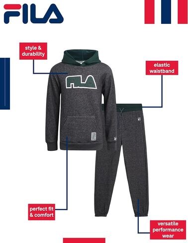 طقم بدلة رياضية للأولاد من Fila - قطعتين سويت شيرت رياضي بغطاء للرأس وبنطلون رياضي نشط - طقم ملابس رياضية للأولاد (8-12) in Saudi Arabia