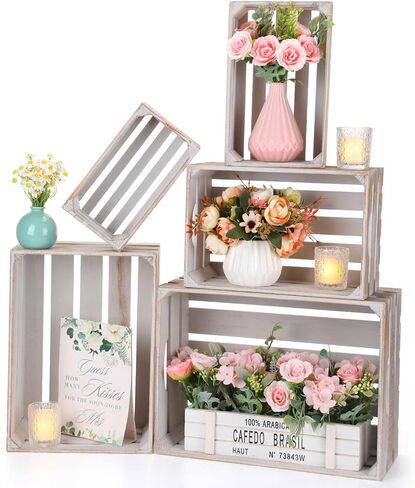 Soaoo 5 Pcs Decorative Nesting Wooden Crates for Storage Display 5 Size Large Small Rustic Wood Decorative Storage Crates with Handle Farmhouse Wood Crate Box Container Made from Pine (Wood Color) in Saudi Arabia