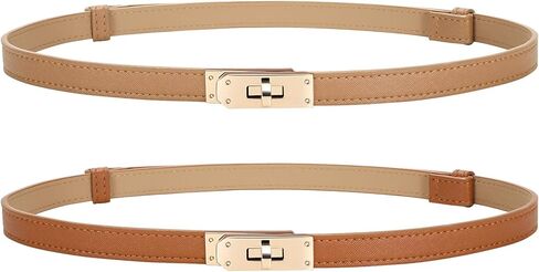 2 Pack Women Skinny Leather Belt with Golden Silver Alloy Turn Lock Buckle, Ladies Thin Adjustable Waist Belt in Saudi Arabia