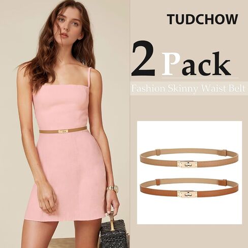 2 Pack Women Skinny Leather Belt with Golden Silver Alloy Turn Lock Buckle, Ladies Thin Adjustable Waist Belt in Saudi Arabia