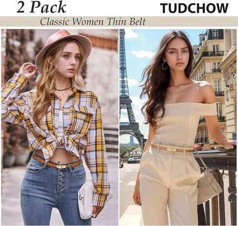 2 Pack Women Skinny Leather Belt with Golden Silver Alloy Turn Lock Buckle, Ladies Thin Adjustable Waist Belt in Saudi Arabia