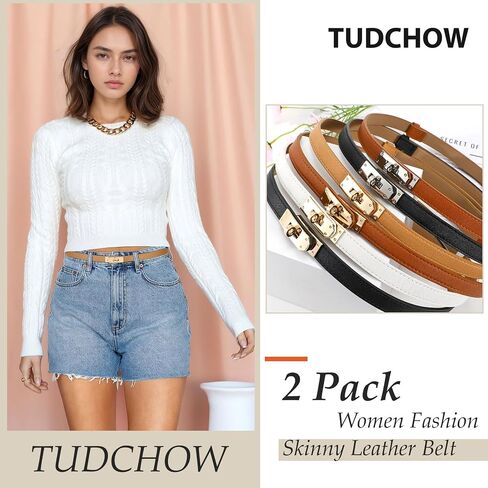 2 Pack Women Skinny Leather Belt with Golden Silver Alloy Turn Lock Buckle, Ladies Thin Adjustable Waist Belt in Saudi Arabia