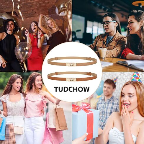 2 Pack Women Skinny Leather Belt with Golden Silver Alloy Turn Lock Buckle, Ladies Thin Adjustable Waist Belt in Saudi Arabia