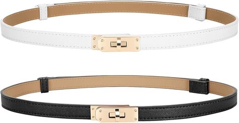 2 Pack Women Skinny Leather Belt with Golden Silver Alloy Turn Lock Buckle, Ladies Thin Adjustable Waist Belt in Saudi Arabia