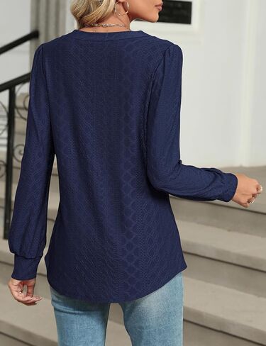 LOMON Womens Long Sleeve Tops Fall V-Neck Blouses Dressy Casual Puff Sleeve Textured T-Shirts Eyelet Tunic in Saudi Arabia
