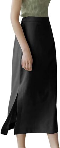 Womens High Waisted Straight Cotton Linen Long Skirt with Slit in Kuwait
